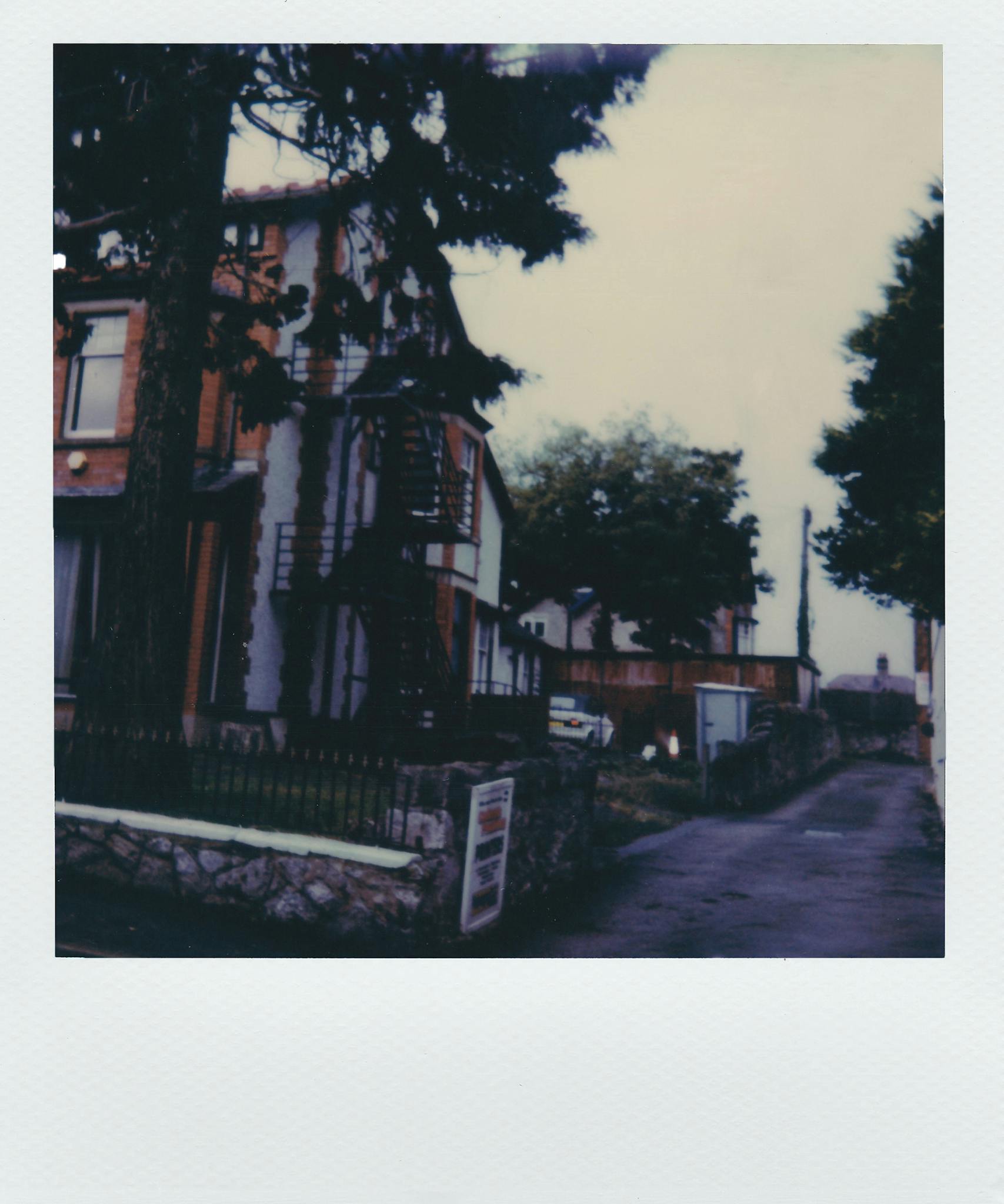A nostalgic Polaroid capturing a quiet residential street with classic homes and trees.